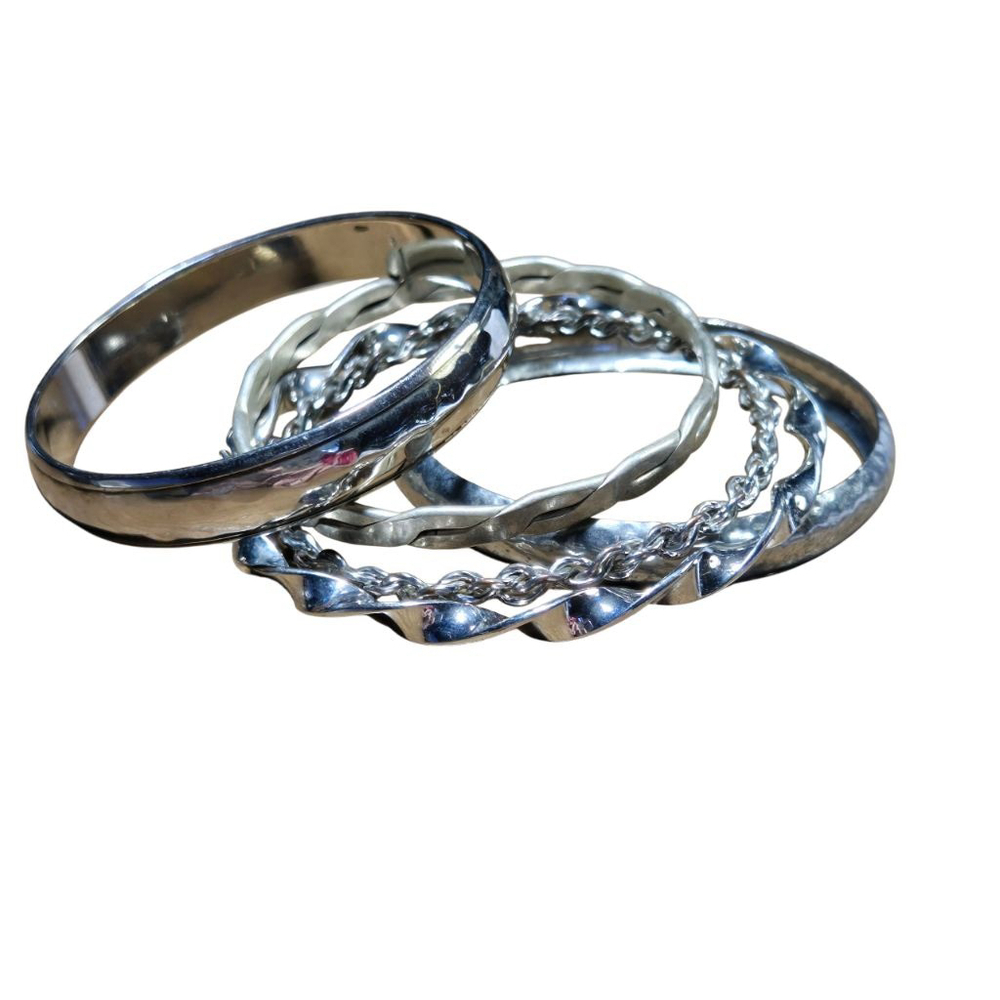 Silver Tone Bangle Bracelet Set of 5 Various Size Twist Hammered Solid Shiny
